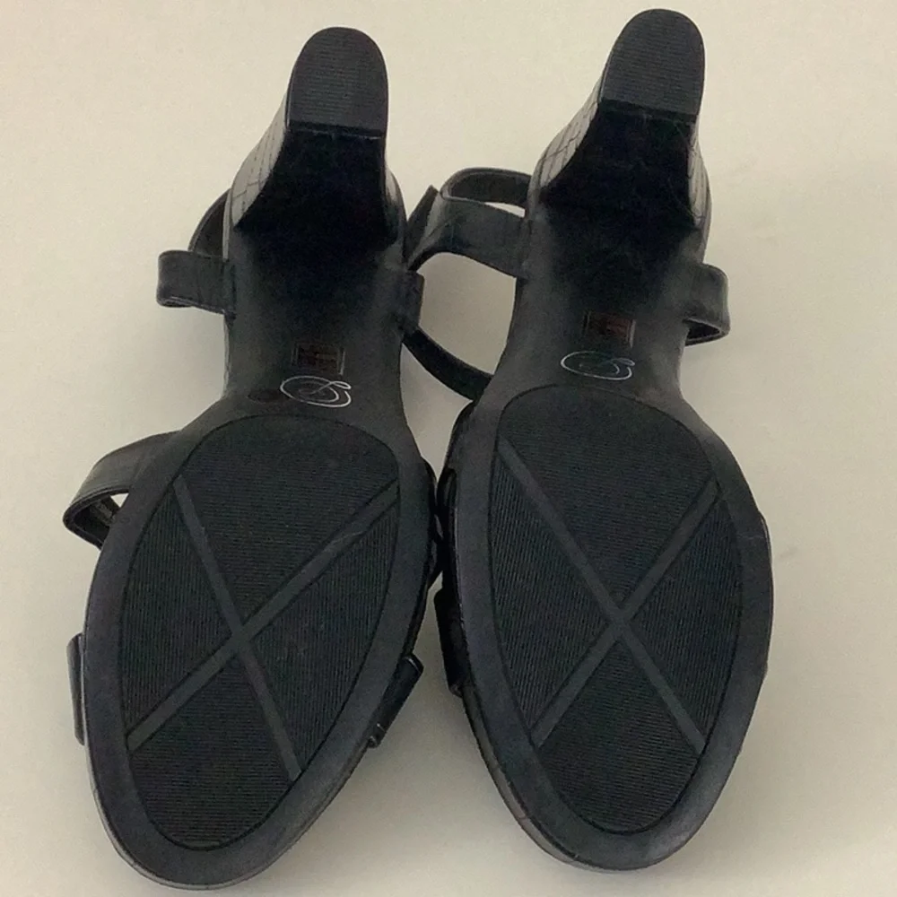 Chinese Laundry Black Platform Ankle Strap Sandals 4” Heel Patchwork Design. New